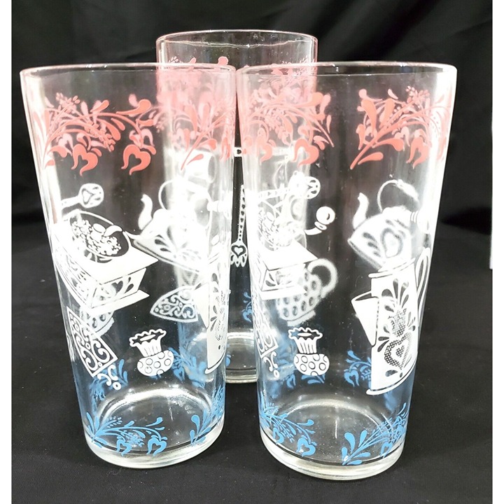 Hazel Atlas 3 Glass TUMBLERS Kitchen Aids pink white blue 1950s mid century