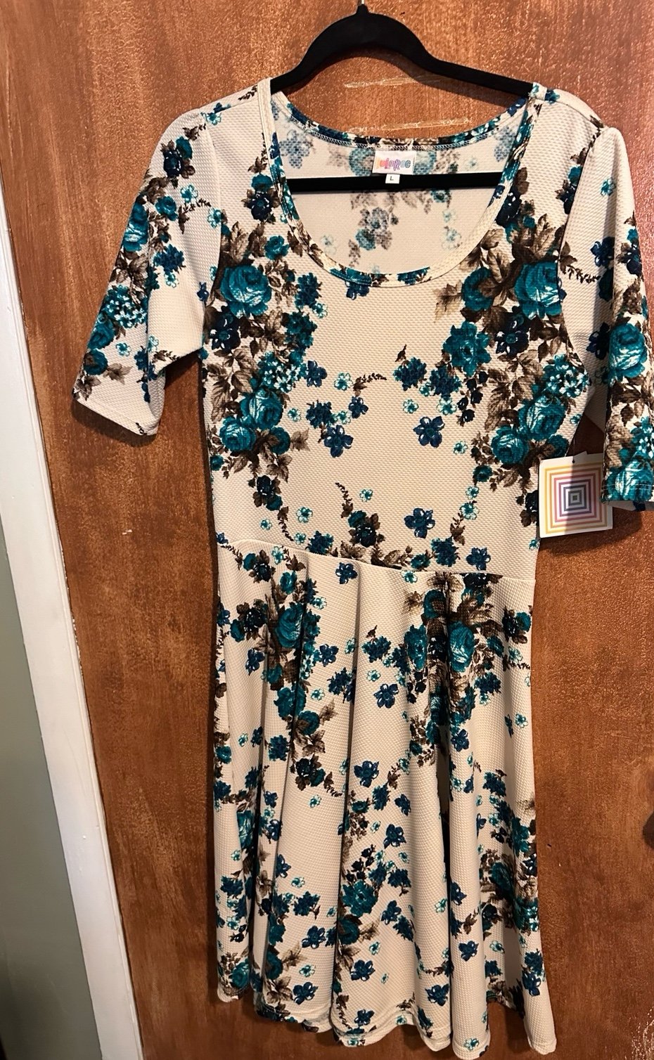 Lularoe large Nicole dress vintage unicorn white blue floral NWT