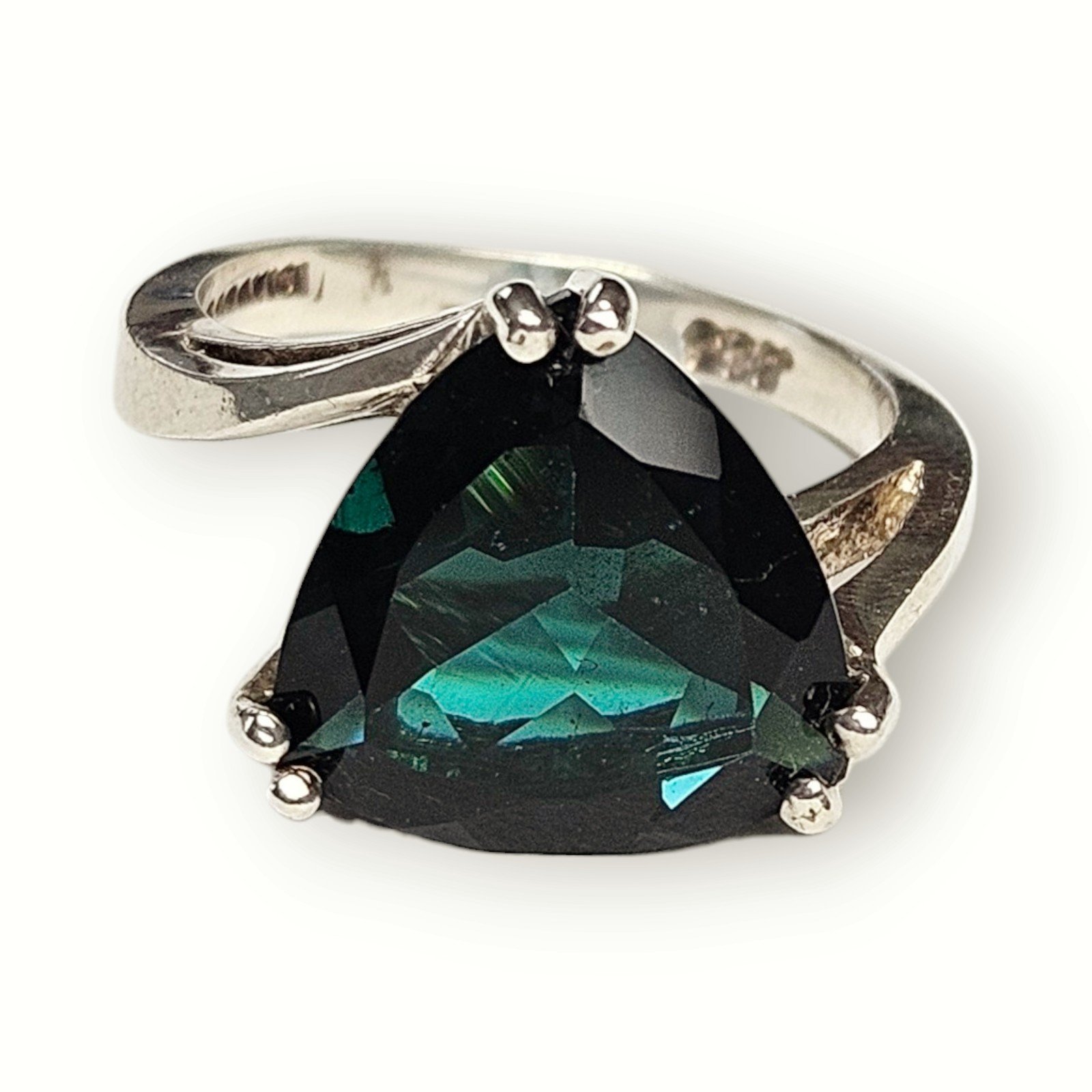 Badavici Sterling Bypass Ring Green Glass Trilliant Cut Cocktail 925 Silver 9