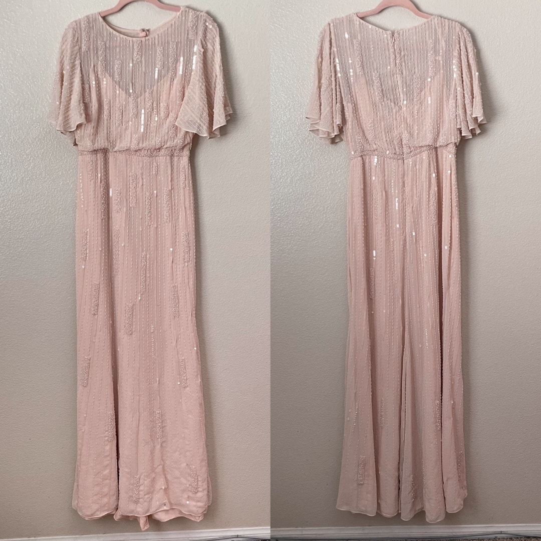 Mac Duggal Dress Womens Size 6 Pink High Neck Flutter Sleeve Embellished Gown