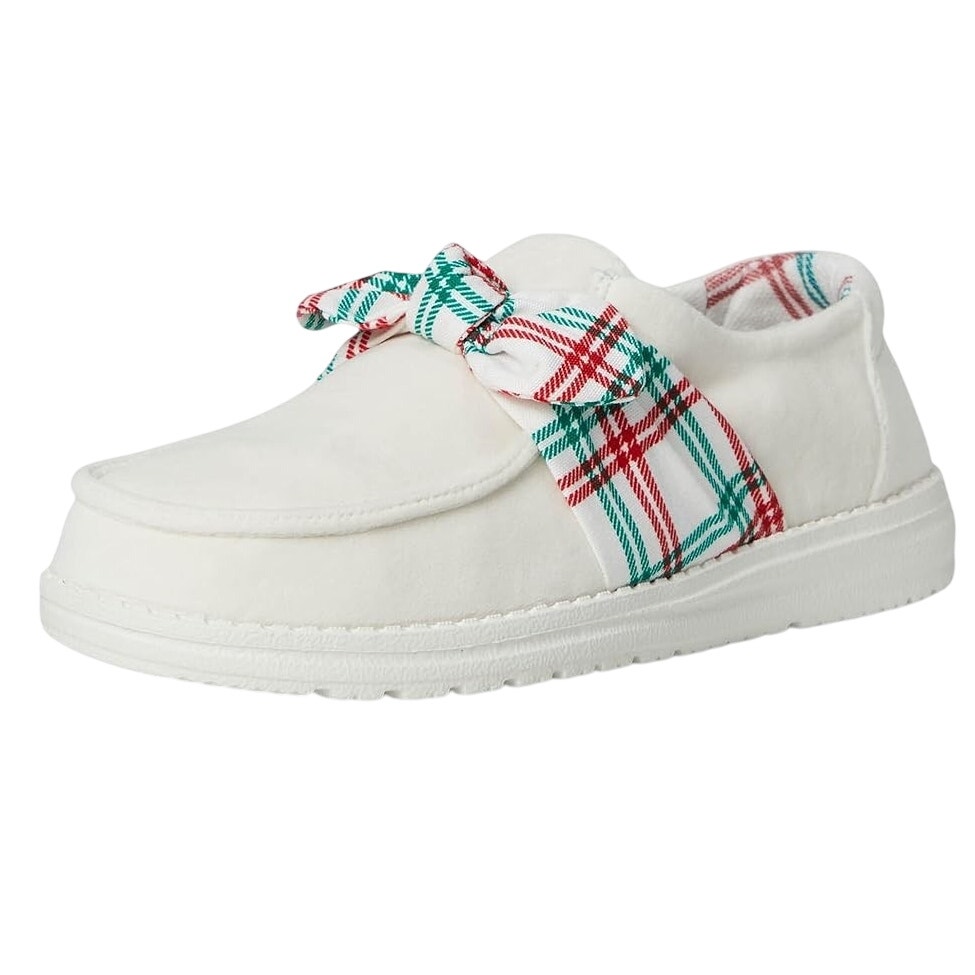 Hey Dude Womens Wendy Bow Tartan Loafers US 8 EU 39 White Plaid Canvas NIB