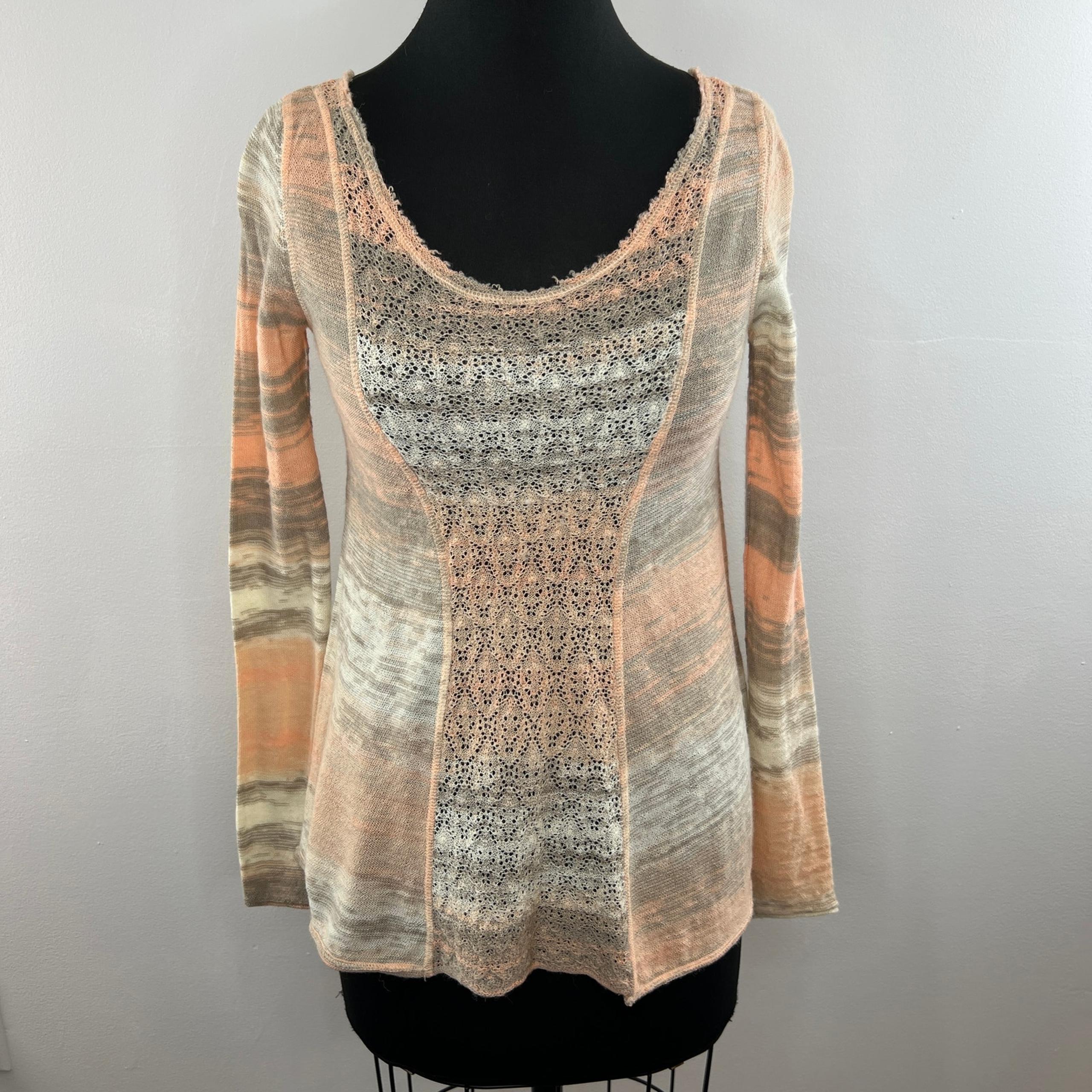 Free People Gray Orange Scoop Neck Acrylic-Wool Blend Knit Sweater Top Size XS
