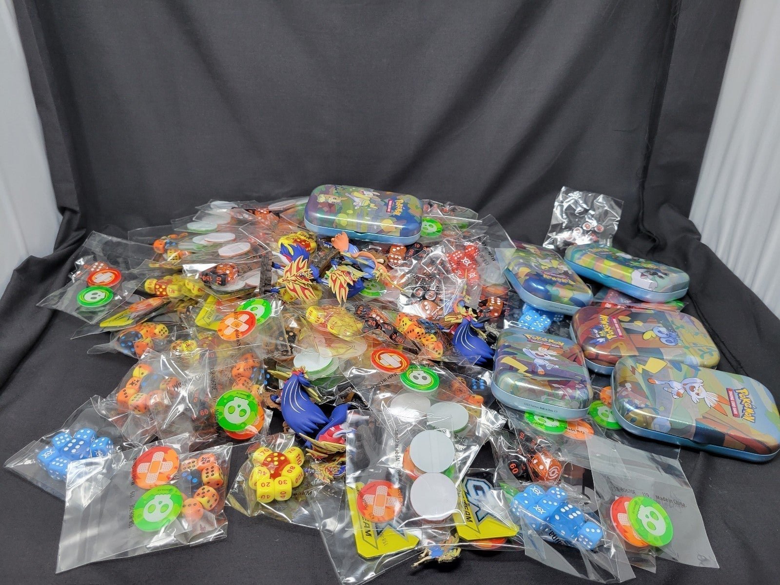 Pokemon Accessories (Tins, Figurines, Dice, Coins, Pins) Lot