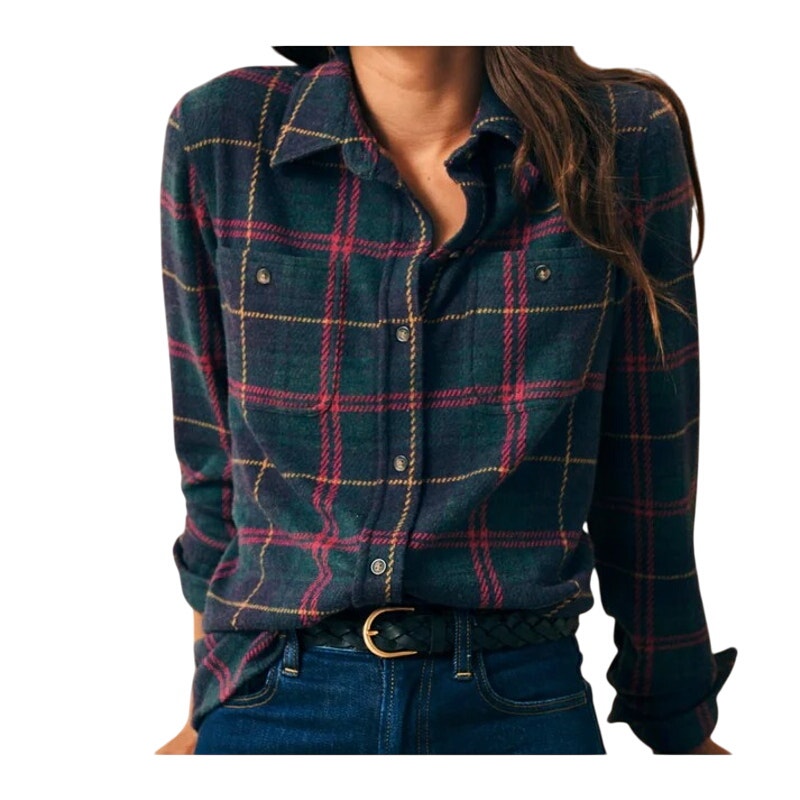 Faherty Legend Sweater Shirt Women M Outer Limits Plaid Stretchy Casual Preppy