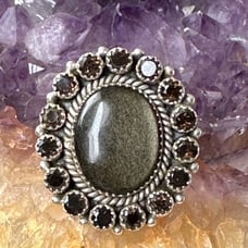 Obsidian, sheen, smoky topaz, 925 adjustable ring
