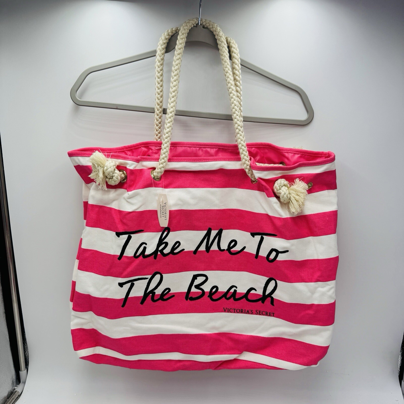 Victoria Secret's Take Me To The Beach Canvas Striped Tote Bag Pink White New