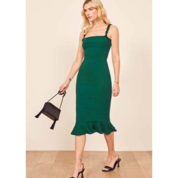Reformation Wilshire midi dress in emerald green Crepe ruffle bottom size 0
