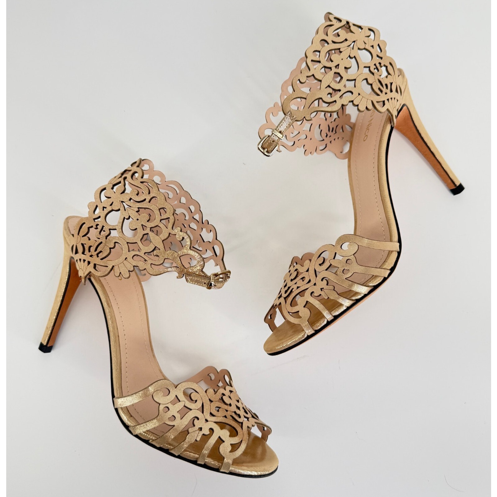 Klub Nico Womens Heels Moxie Sz 10 Gold Cut-Out Stiletto Sandals Leather Brazil