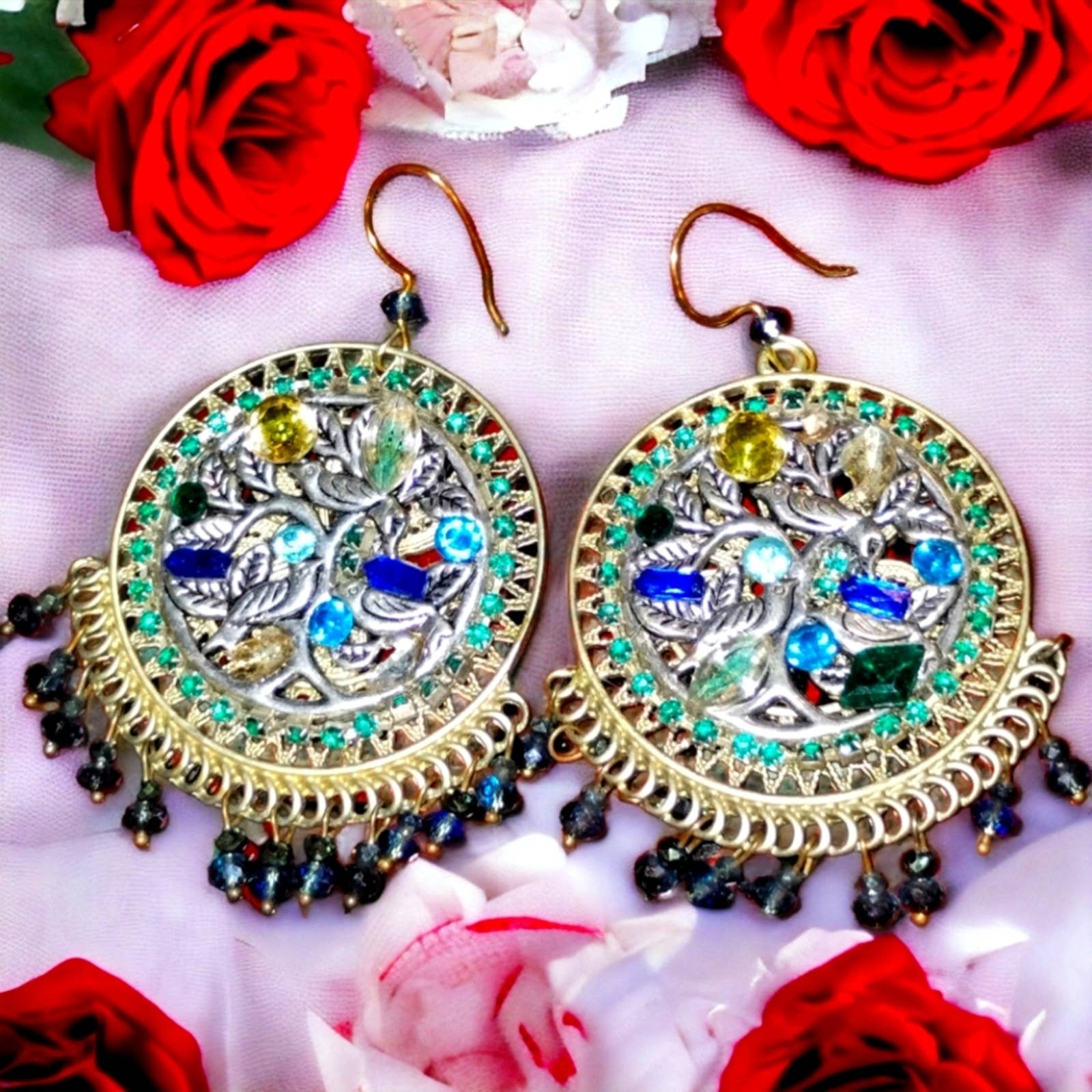 Gorgeous Vintage Gypsy earrings with multicolored rhinestones/heavier earring