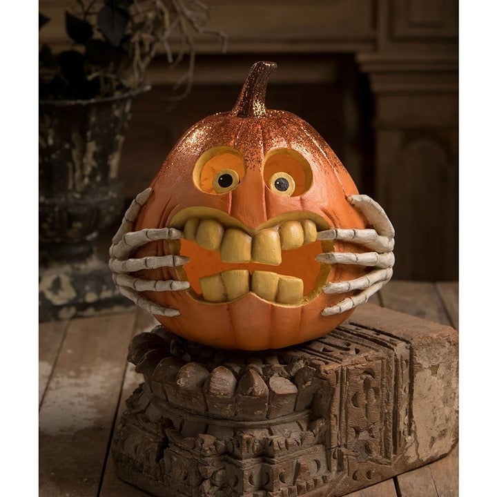 Bethany Lowe Funny Face Pumpkin with Skeleton Hands Jack o’ Lantern Halloween