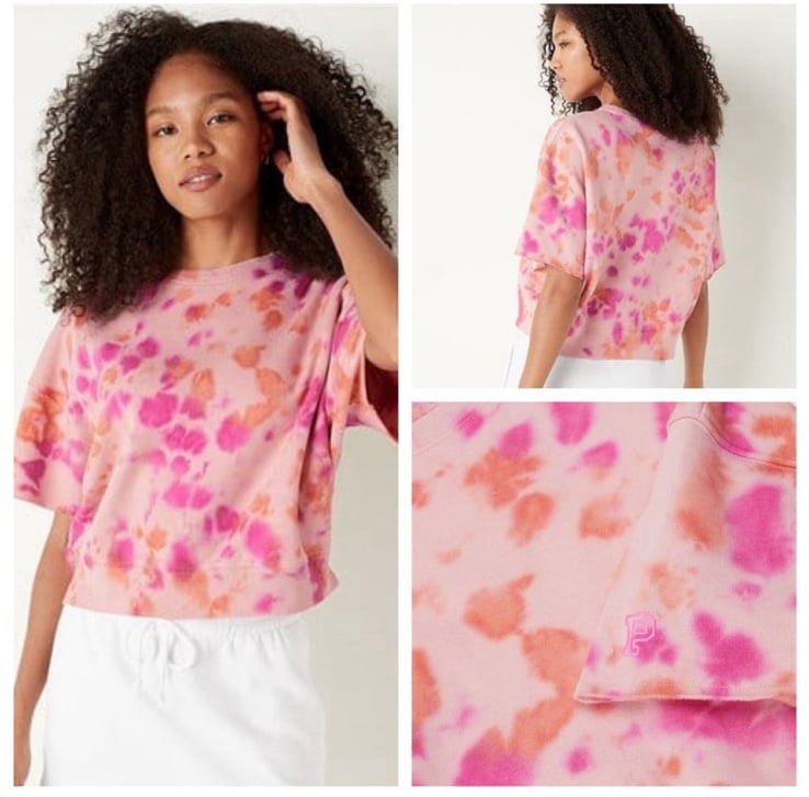 VS VICTORIAS SECRET PINK SHORT SLEEVE CROP TEE TOP SWEATSHIRT PEACH TIE DYE XL