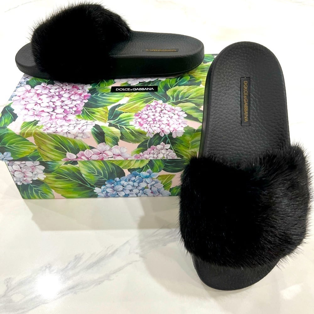 DOLCE & GABBANA Black MINK LEATHER & RUBBER SLIDES CIABATTA SAINT BARTH sz 38
