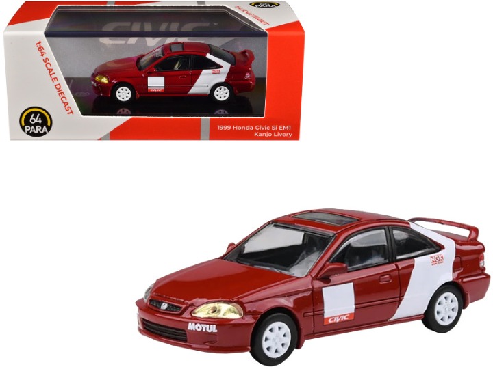 1999 Honda Civic Si EM1 Kanjo Livery Red with White Stripes 1/64 Diecast Model