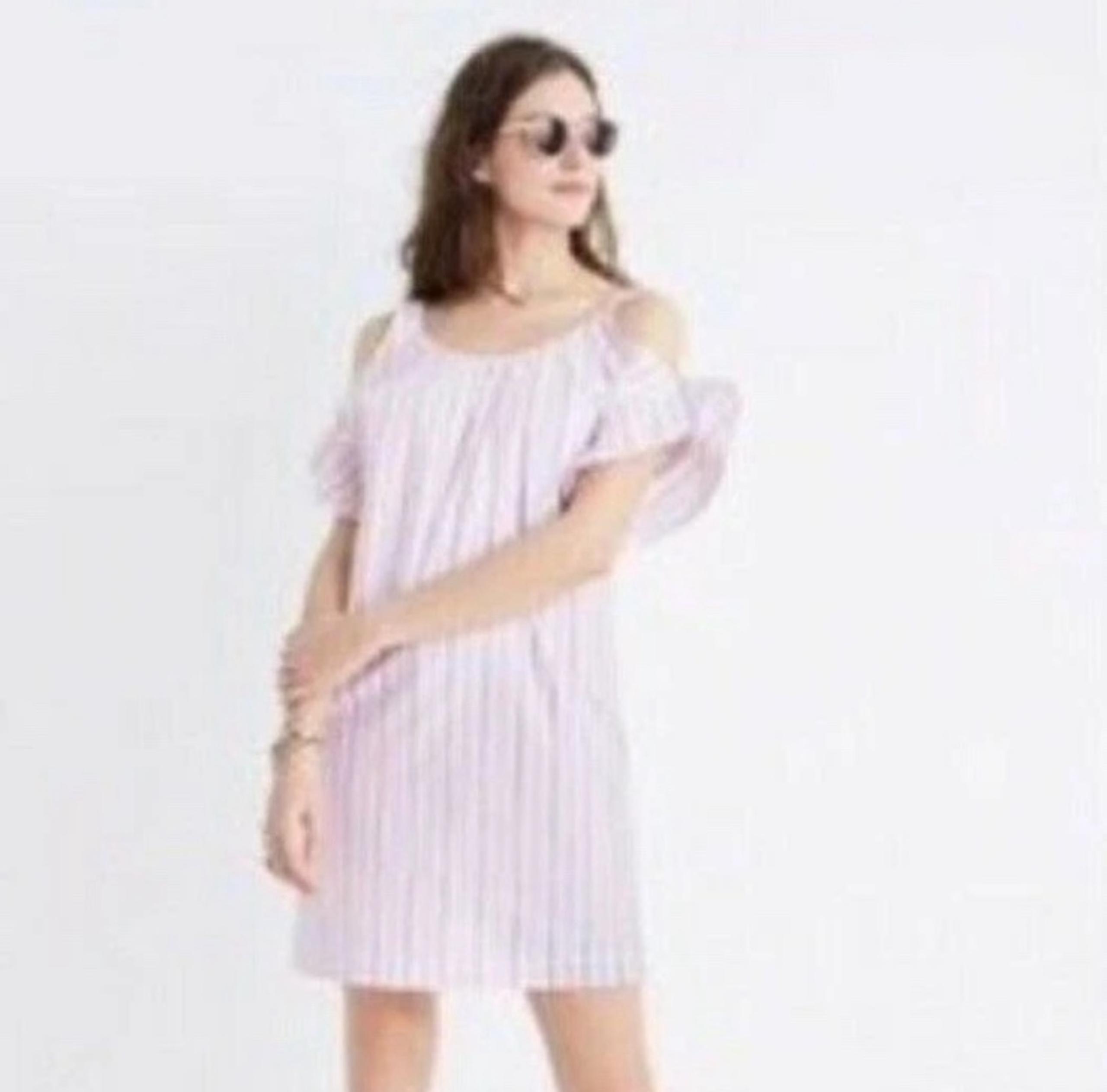 Madewell White Pink Rose Stripe Cold Shoulder Cotton Ruffled Shift Dress Small