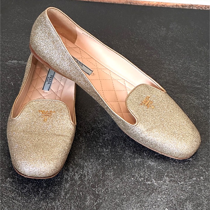 PRADA Women's Logo Glitter Smoking Slippers Leather Size EU 40 US 9