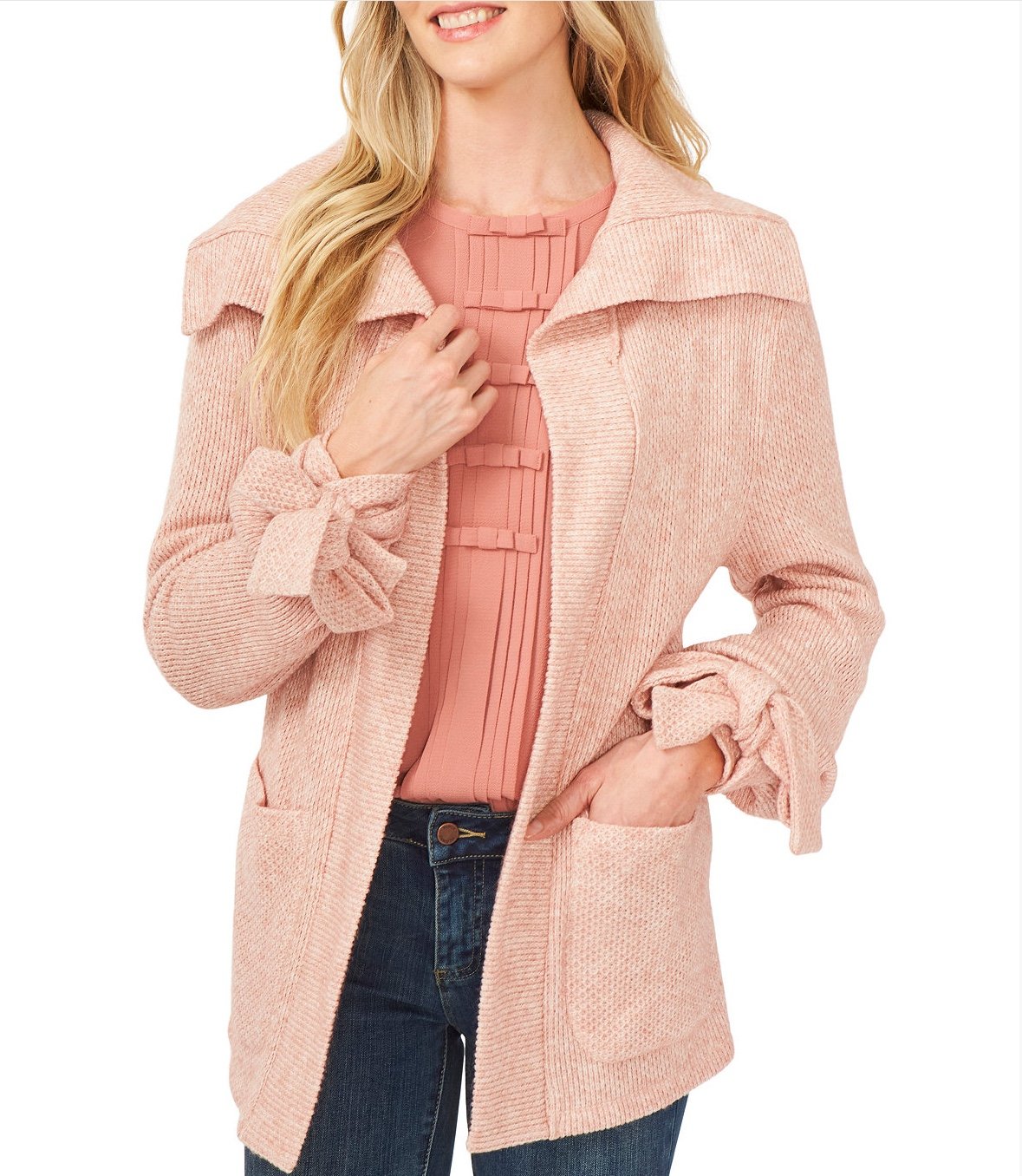 99 CeCe Tie-Cuff Knit Jacket Misty Pink Women’s Sz L Acrylic Polyester Blend