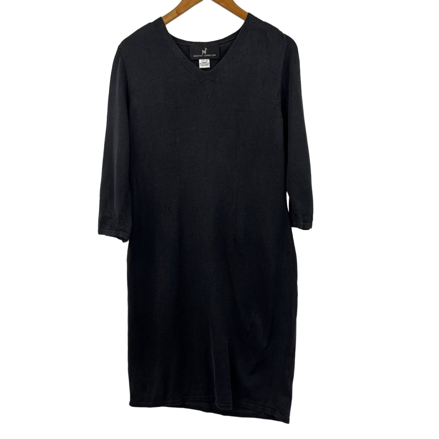 Peruvian Connection Dress Women's 3/4 Sleeve Knit Sheath V Neck Black Size Large