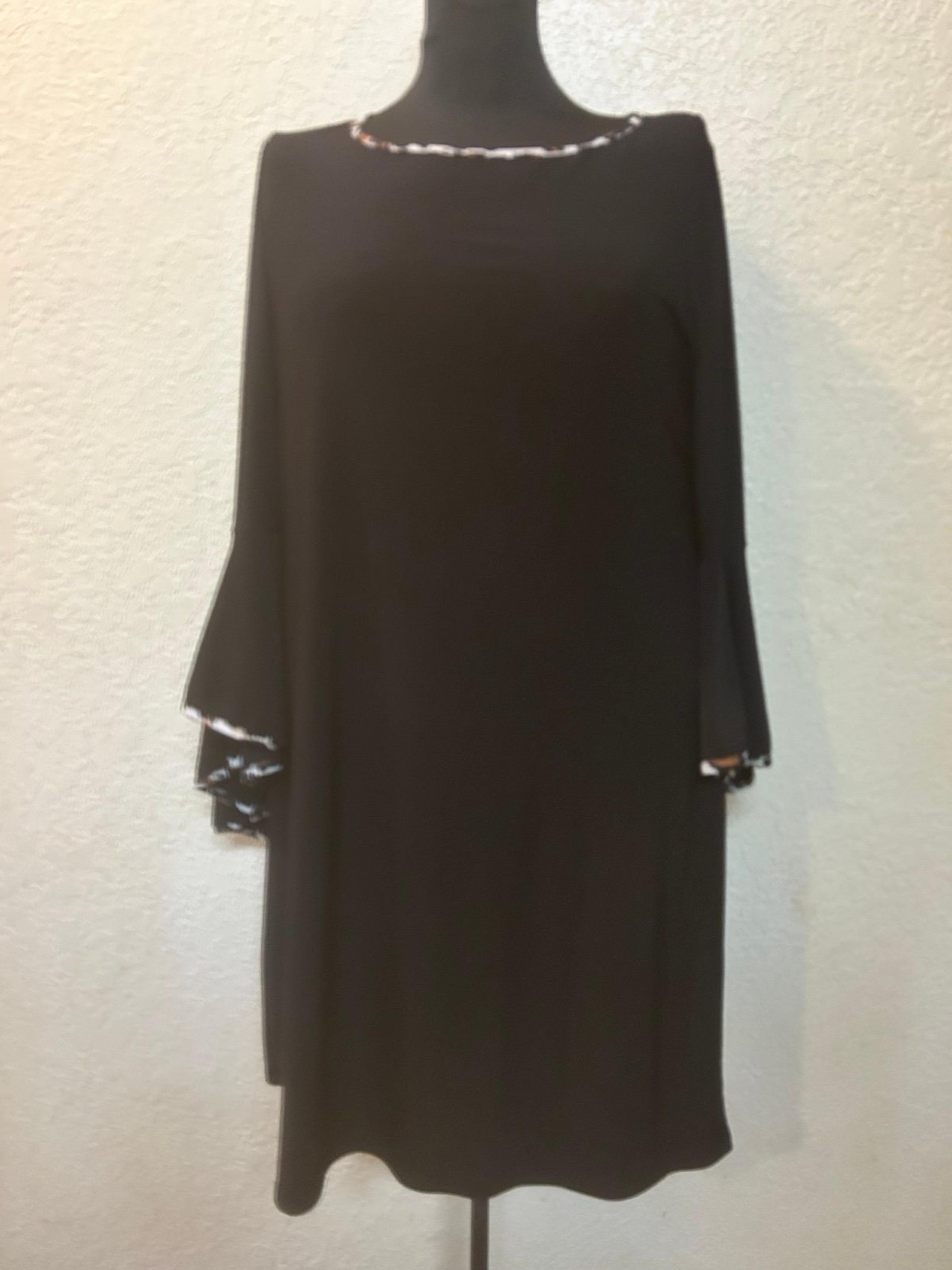 Roz & Ali Womens Little Black Knee Length Dress Leopard Trim Trumpet Sleeves M
