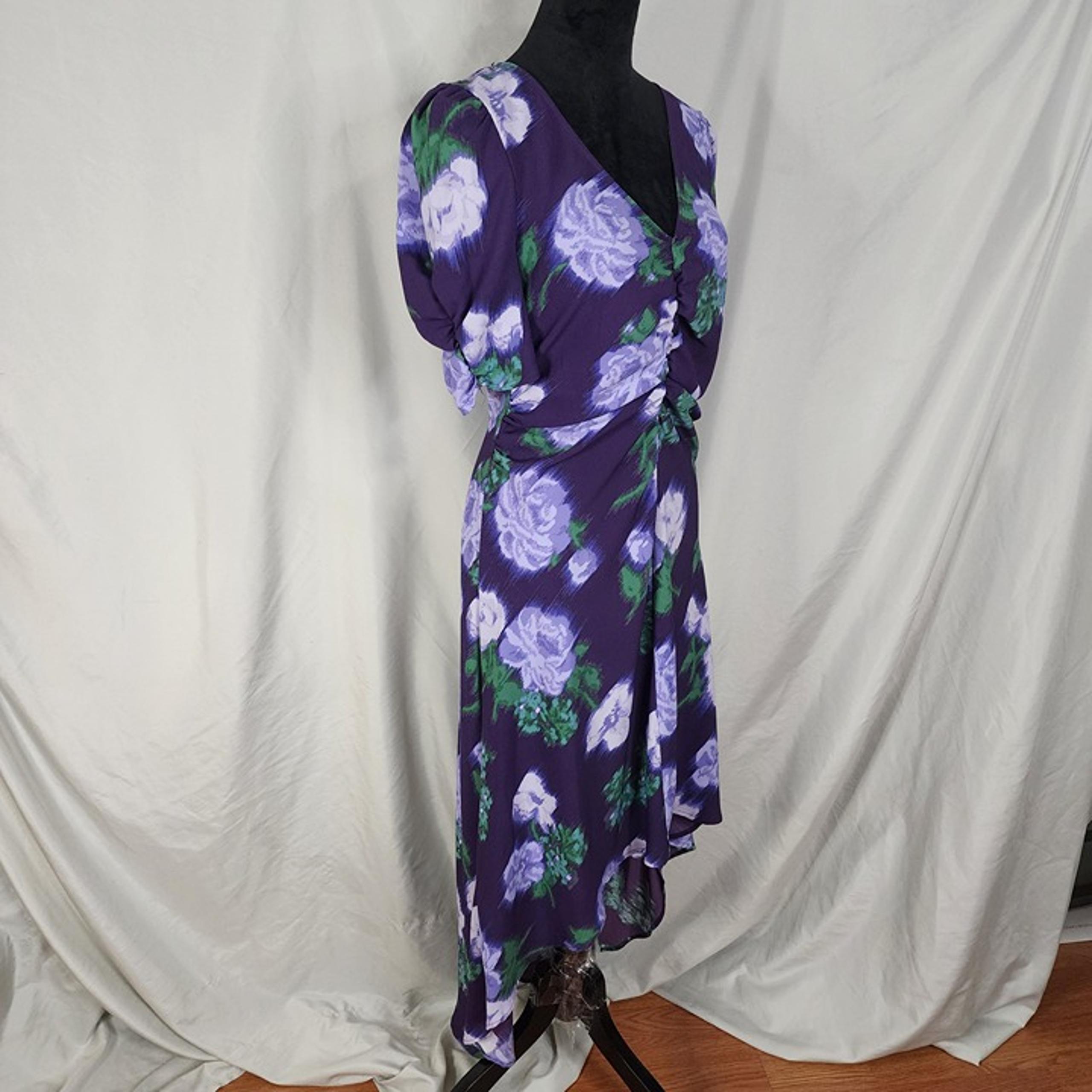 A NEW DAY Size Medium Purple Floral Recycled Polyester Hi-Low Ruched Vneck Maxi