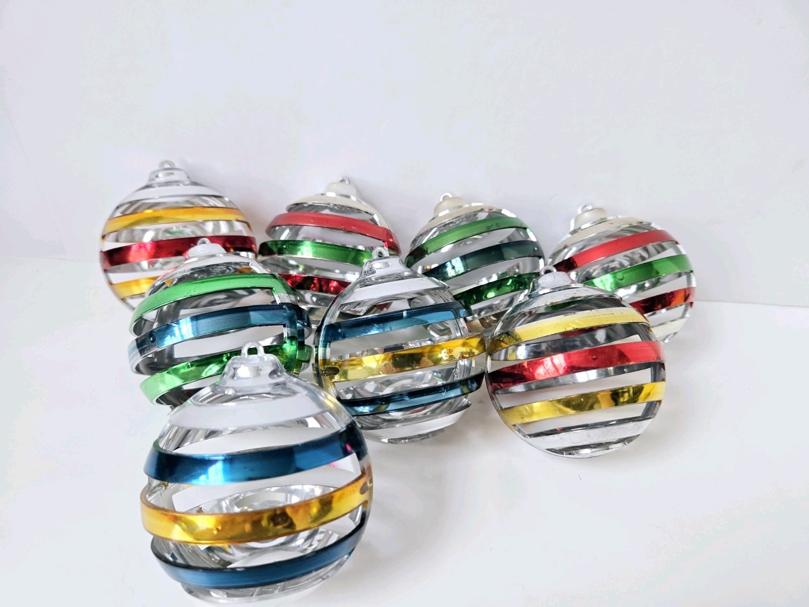 Vintage Christmas ornament plastic lot cage stripe ball multicolor