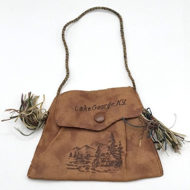 Antique Estate Cowhide Leather Lake George NY Souvenir Snap Purse Pouch