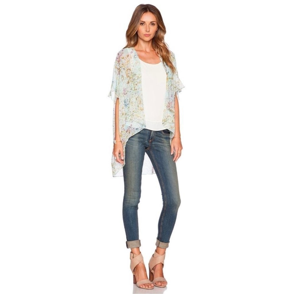 BCBGeneration Revolve Open Front Sheer Kimono Whisper White Multi Floral XS/S
