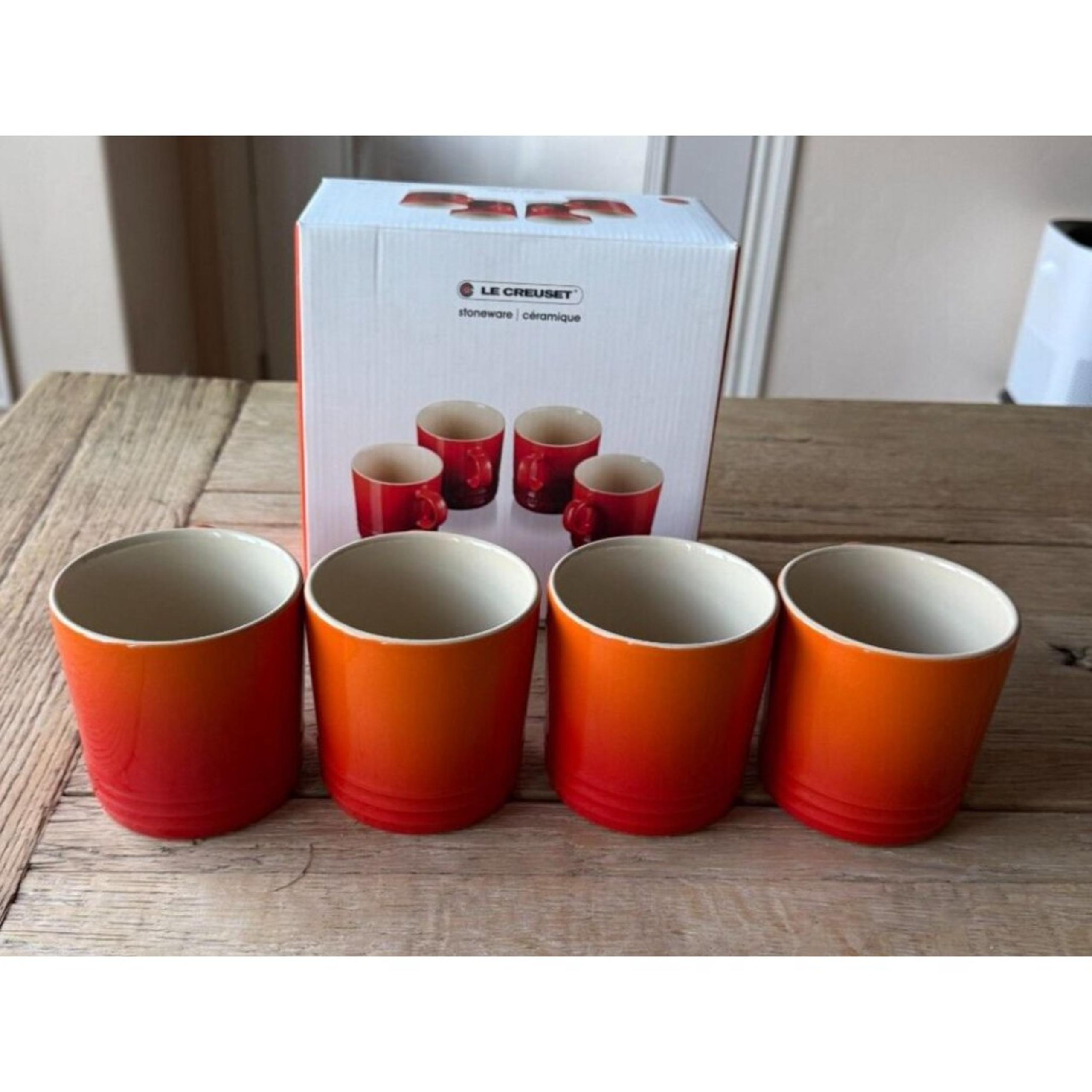 Le Creuset Stoneware Set of 4 12 oz / 350ml Coffee Mugs Flame Orange NEW in box