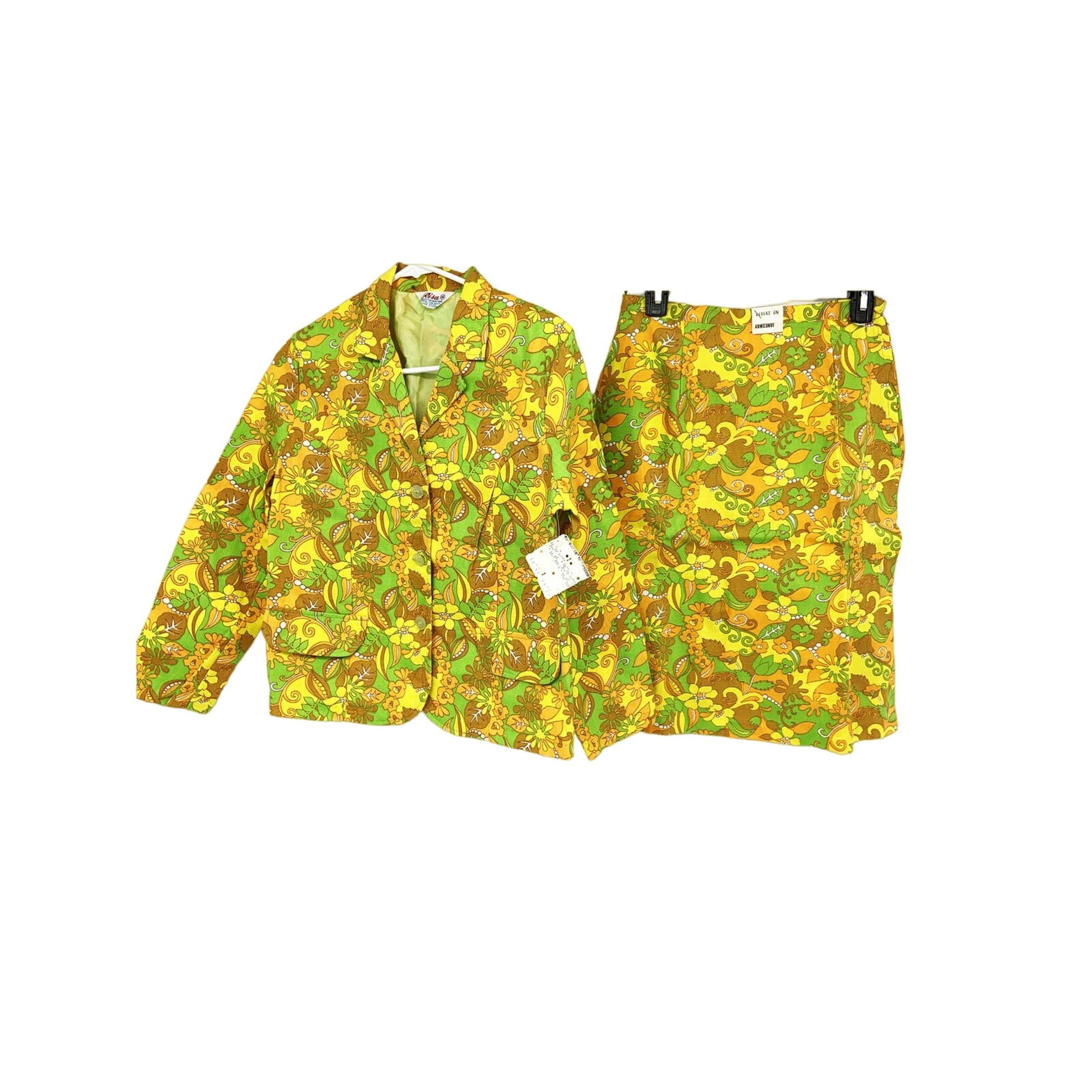 Vtg 60s Risa 100% Cotton Jacket Skirt Set Yellow Multicolor Floral Size 14 NWT - Ridata