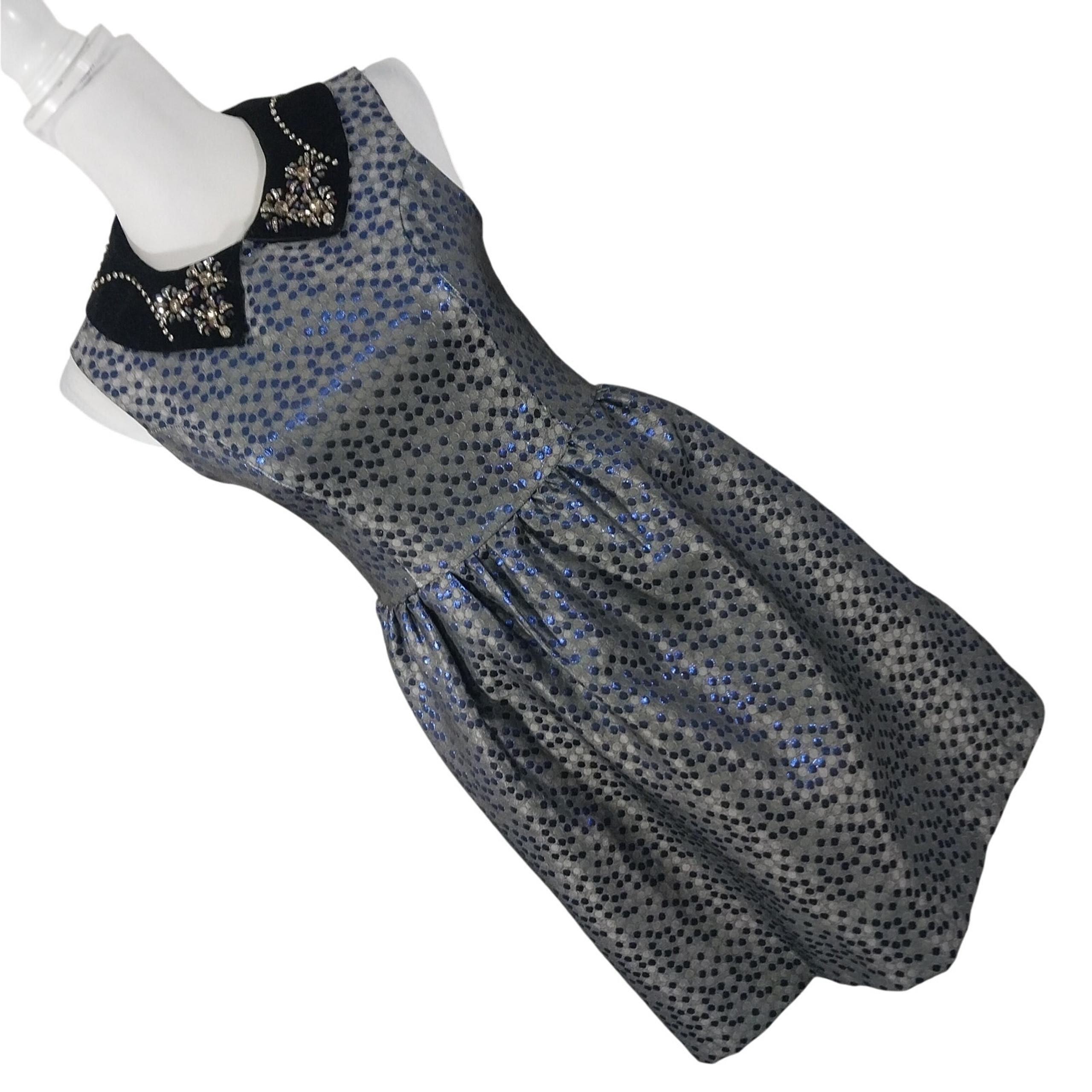 RED VALENTINO! PURE SILK! GRAY & BLUE WITH RHINESTONE VELVET COLLAR DRESS! SZ S