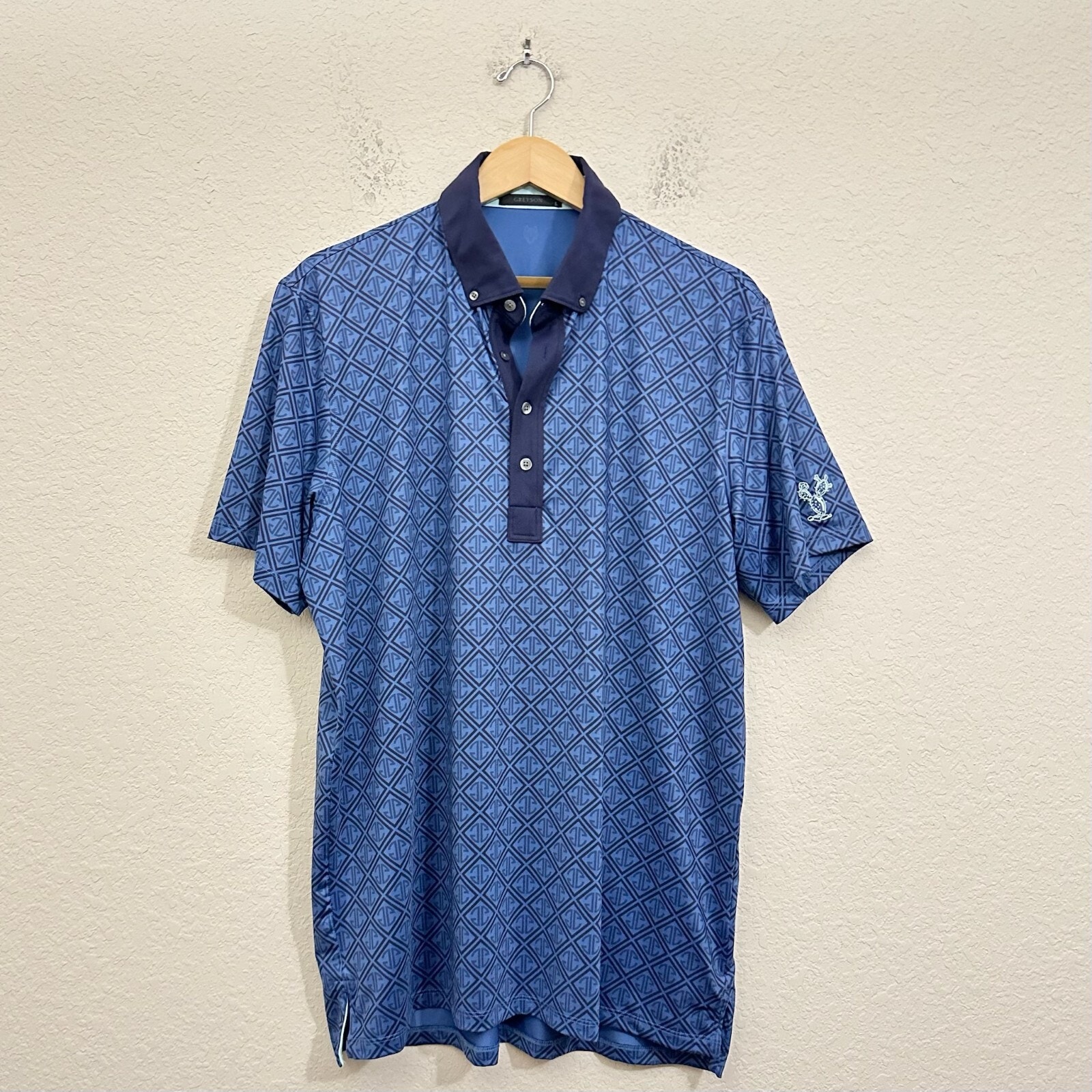 GREYSON Polo Shirt Blue Geometric Golf Preppy Performance Short Sleeve
