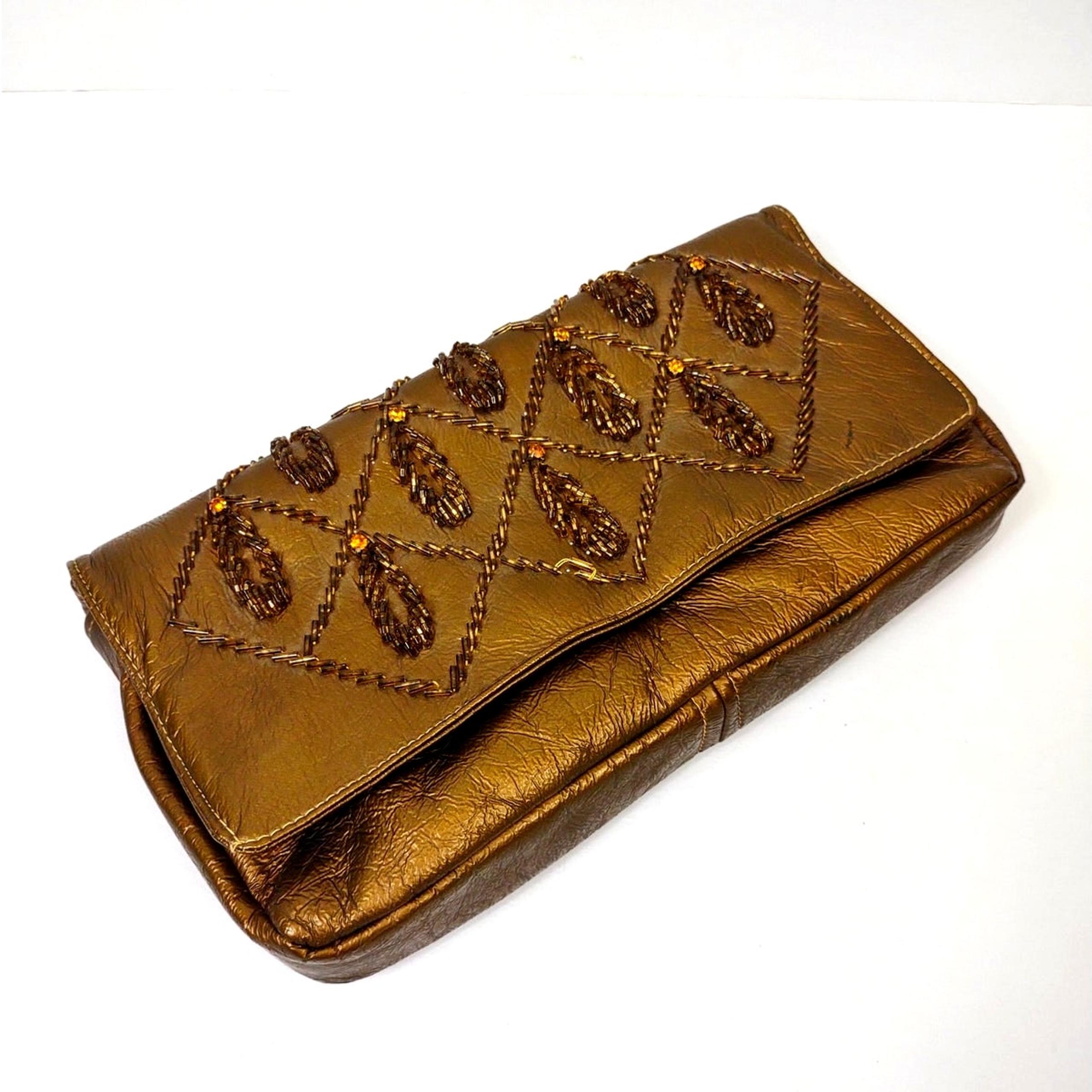 Vintage Walborg Gold Beaded Sequined Evening Bag Clutch Purse w Strap & Storage