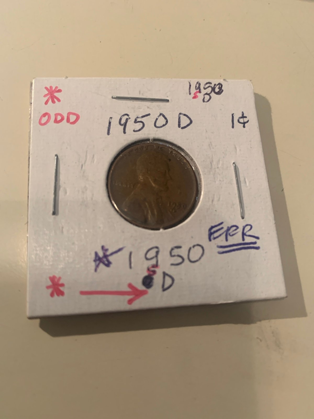 1950 D wheat penny major error small s under the nine in the date
