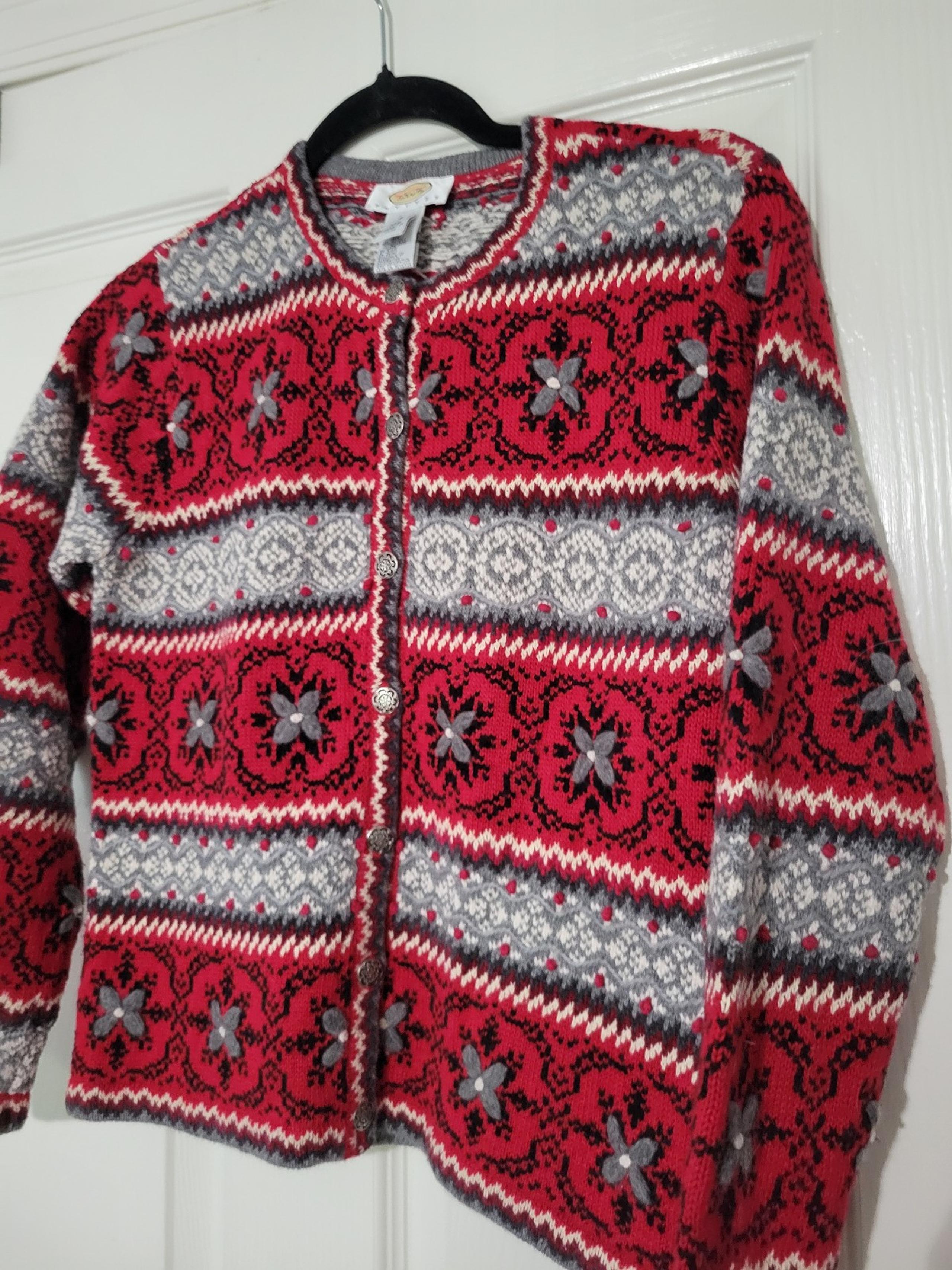 Talbots Sweater Women's S Petite Red Cardigan Fair Isle Nordic Silk Blend Button