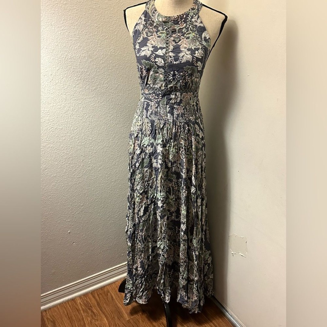 Gray and White Halter A-line Maxi Dress