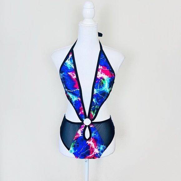 CrazedWear Sol Rainbow Electric Lightning Mesh Plunge Neck O-Ring Rave Bodysuit