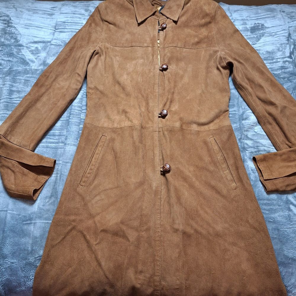 Womens LAVISH Maxi Length Genuine Suede Leather Coat Sz S Caramel Belted Matrix
