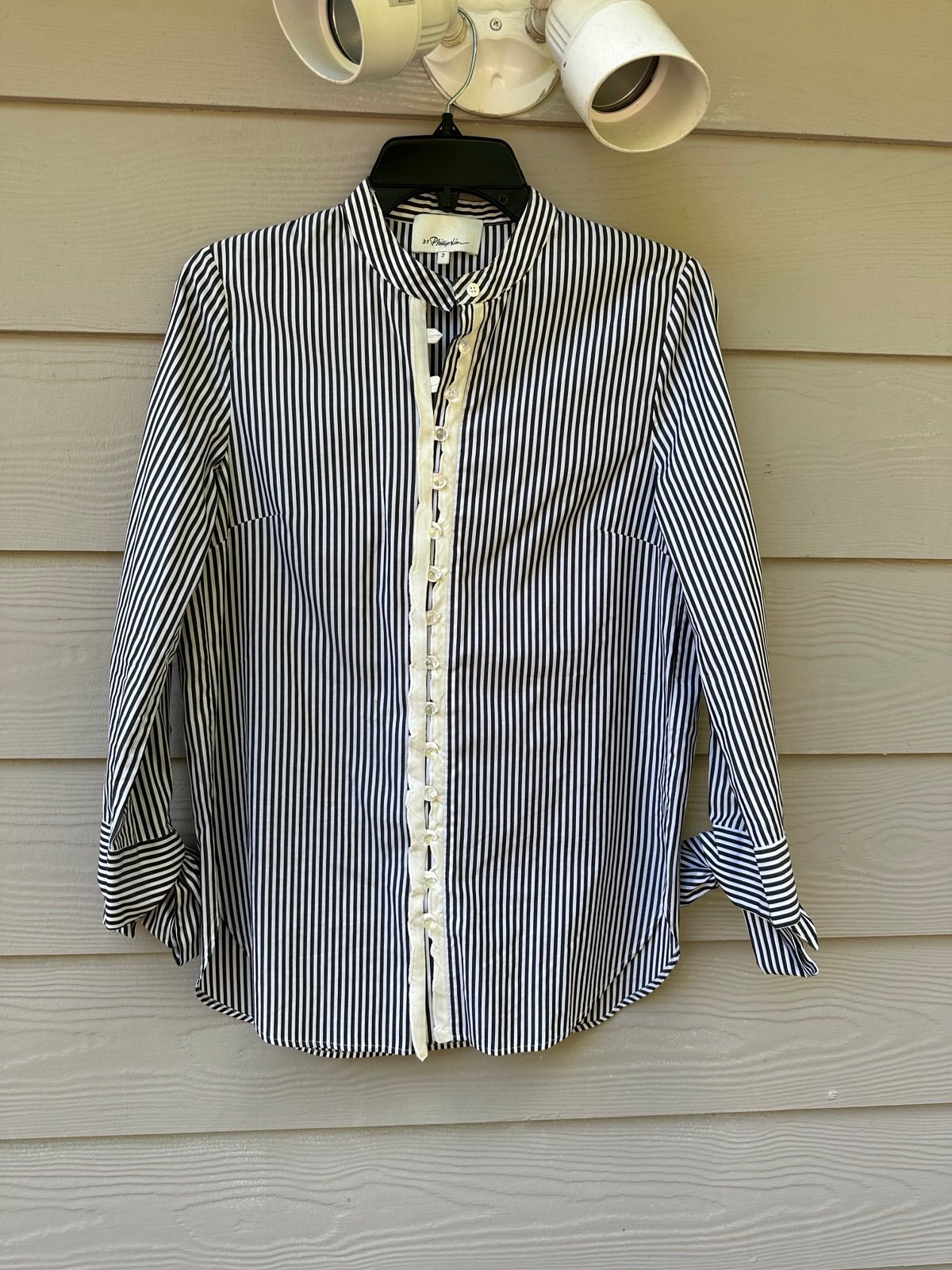 3.1 PHILLIP LIM Striped Mock Neck Button-Up Top