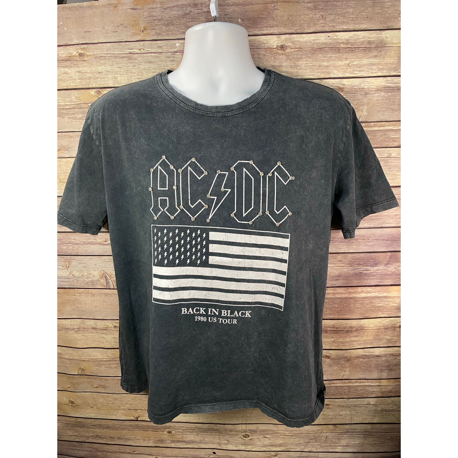 Stradivarius ACDC Stone Diamond accents womens Gray shirt XL 20x25