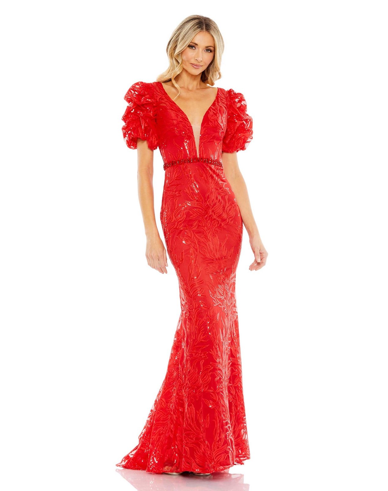 NWT MAC DUGGAL 12421 Red Embellished Puff Sleeve Plunge Neck Trumpet Gown Size 8