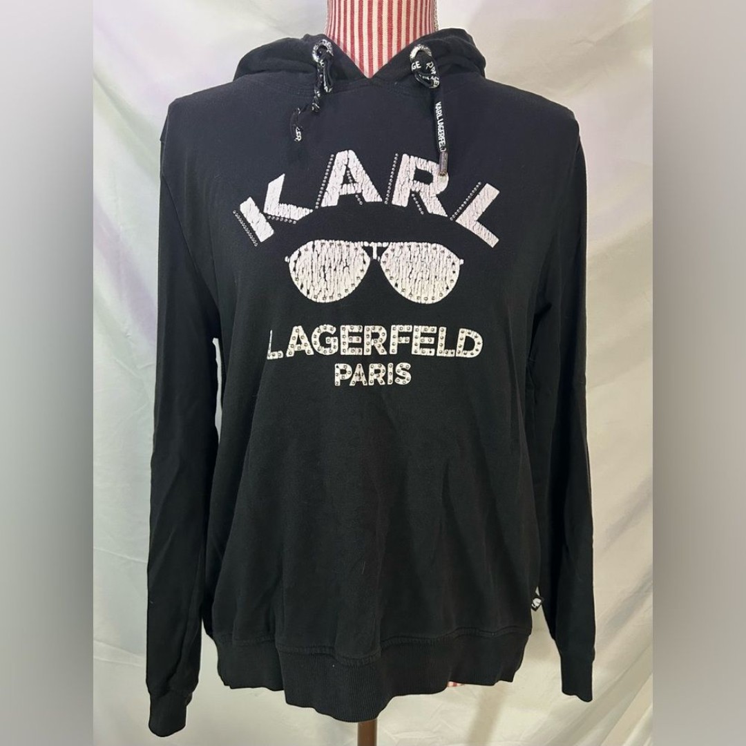 Karl Lagerfeld Paris Black Studded Lightweight Pullover Hoodie Size Small