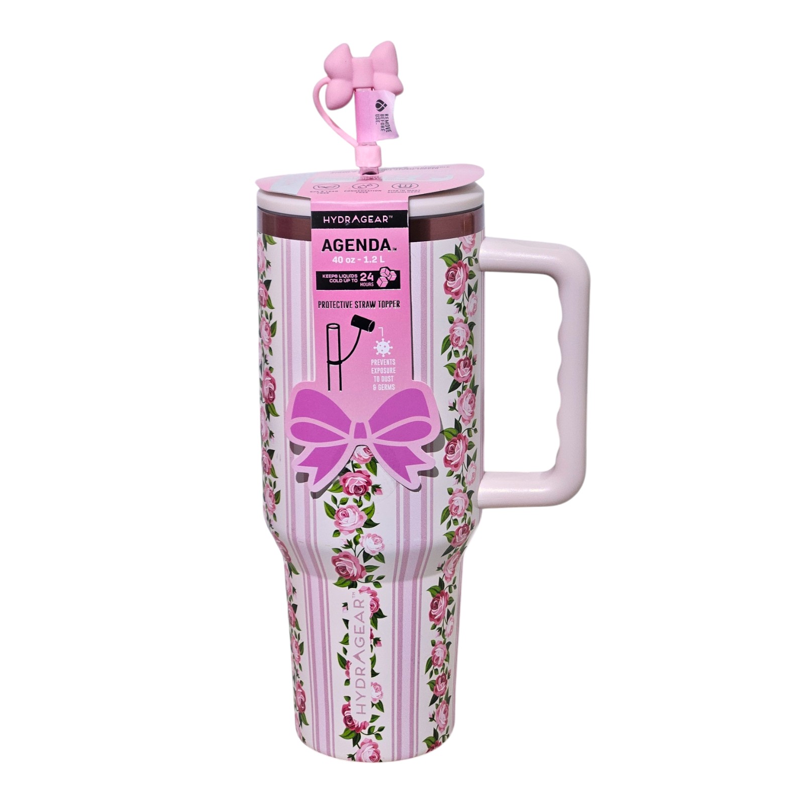 Hydragear Pink Floral Bow Topper Coquette Stripe Stainless Steel Tumbler 40oz