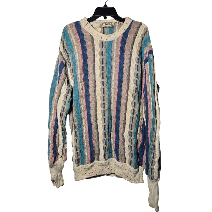Vintage Cotton Traders 3D Knit Striped Sweater Large Cosby Colorful Grandpa Vtg