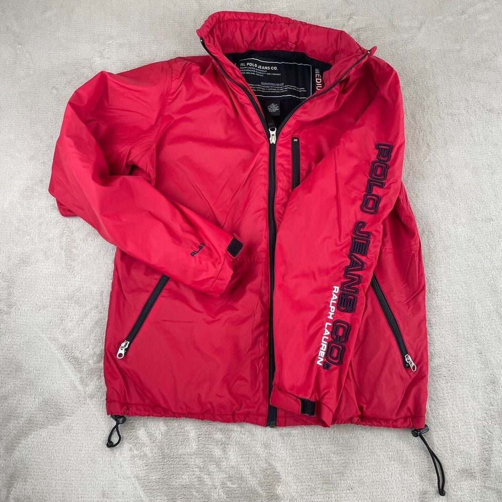 Vintage RL Polo Jeans Jacket Windbreaker Men Medium Red Embroidered Sleeve Logo