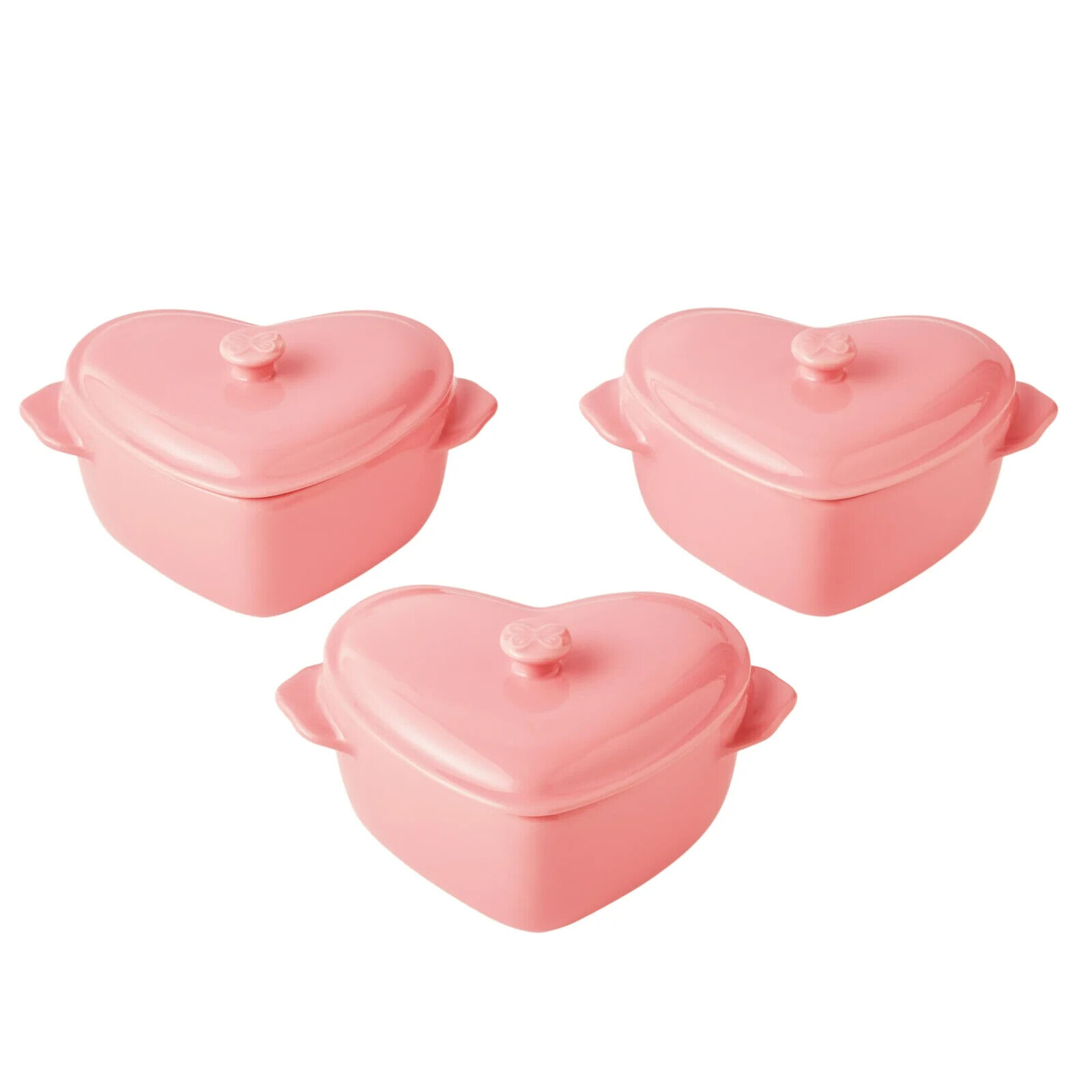 Pioneer Woman Mini Hearts Ceramic Baking Dish W Lid 3Pcs Pink Casserole Cocotte