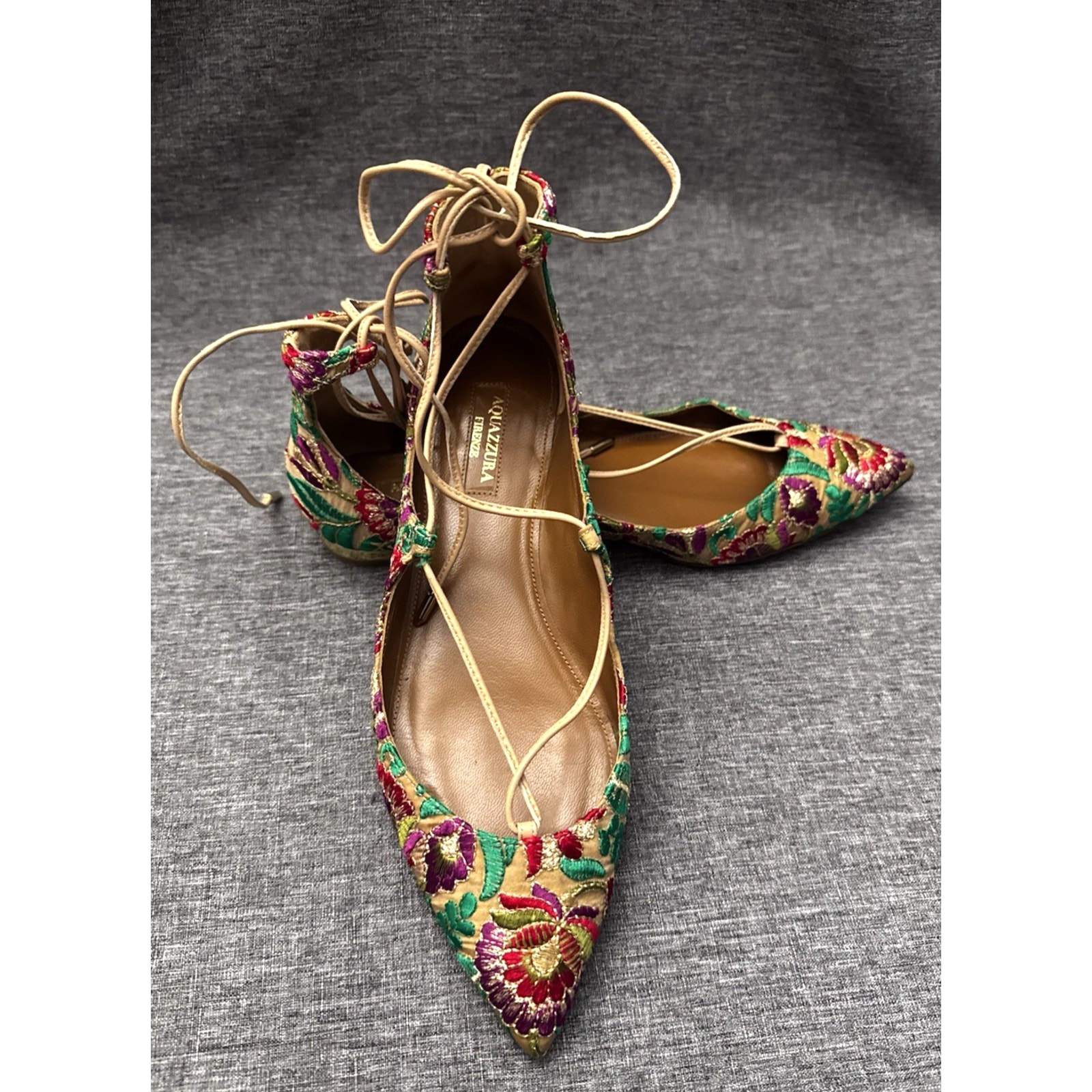 Aquazzura Christy Embroidered Floral Canvas Pointed -Toe Flats Eu 37.5 US 7.5