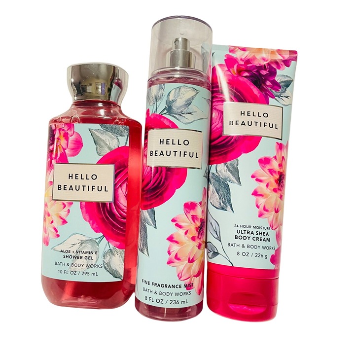 BATH & BODY WORKS HELLO BEAUTIFUL FRAGRANCE MIST,CREAM & SHOWER GEL SET OF 3PCS