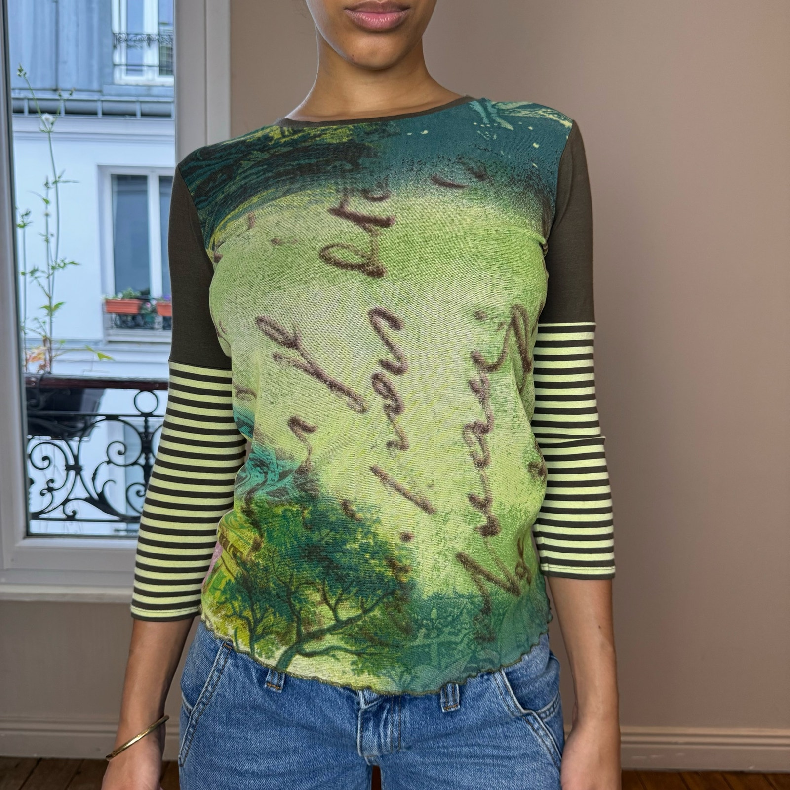 Vintage 00s euro multi graphic mesh long sleeve tee (XS/S)