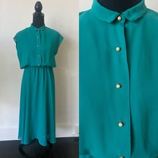 Vintage Pat Richards Emerald Green Button Up Collared Midi Dress