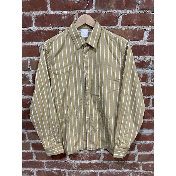 Sandro Paris Top Womens L Button Down Shirt Beige White Striped Long Sleeve