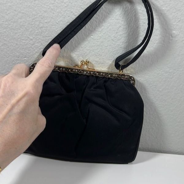 H1 USA Vintage Evening Bag Purse With Snap Red & White Stones Black Small
